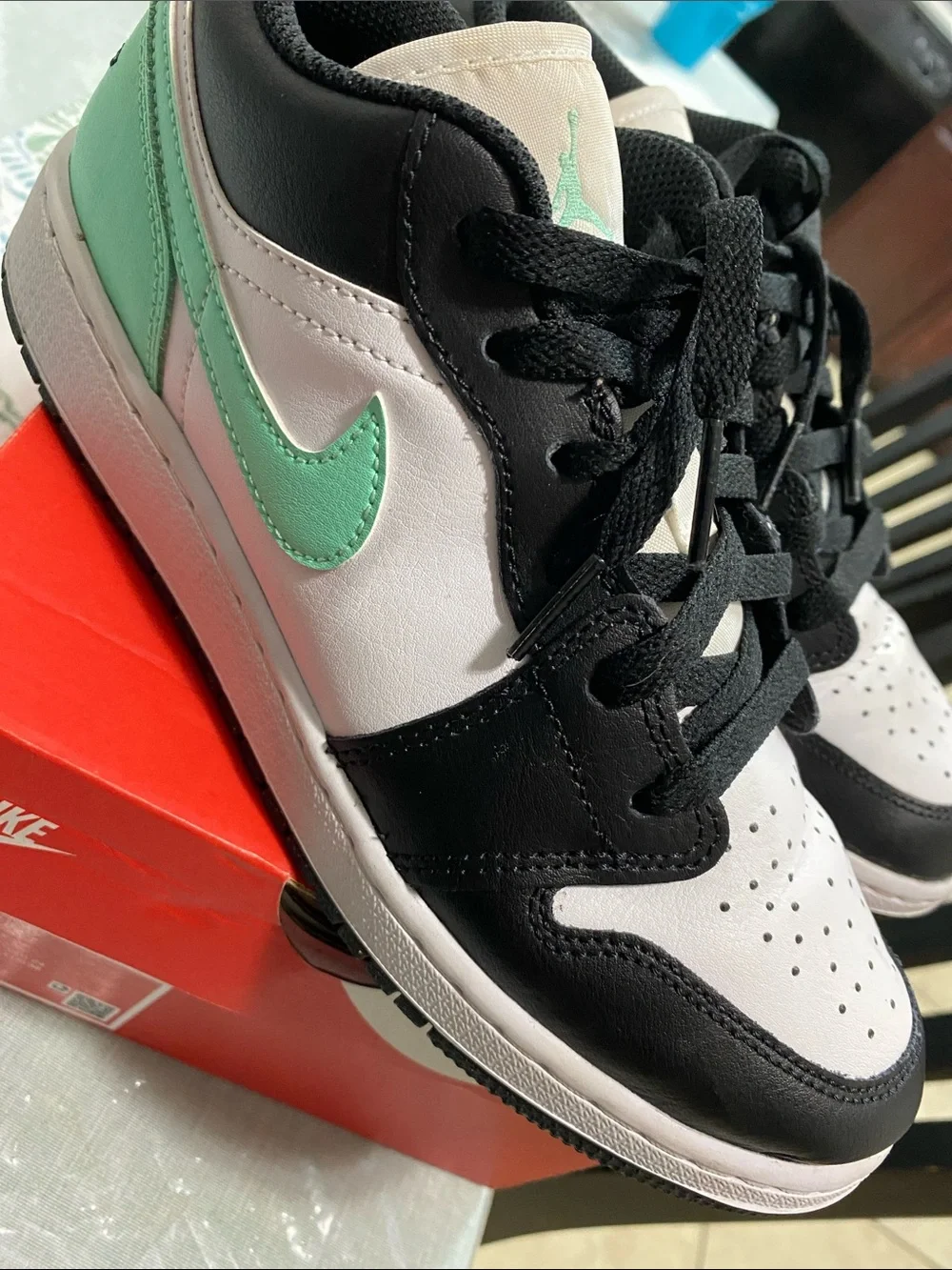 Jordan Kids Black White Sneakers with Mint Green Swoosh